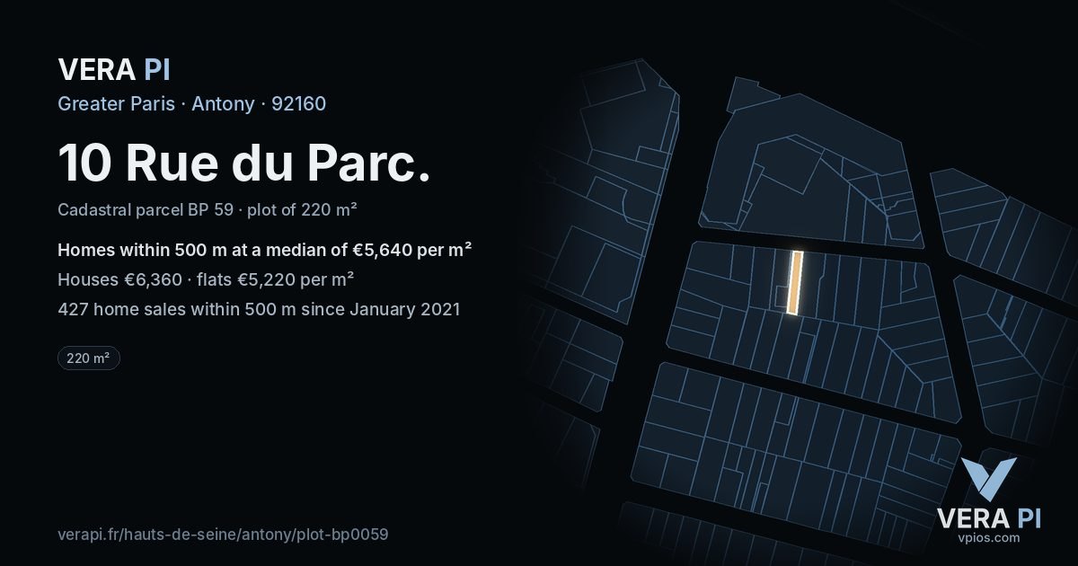 10 Rue du Parc, Antony at night – the plot lit, the parcels around coloured by the prices near them