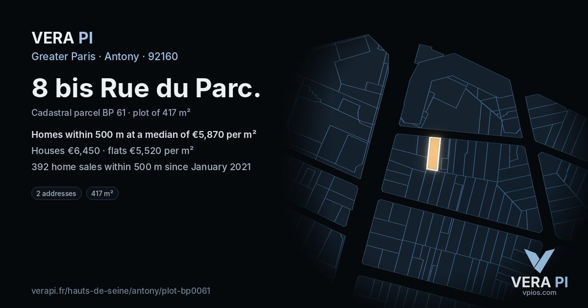 8 bis Rue du Parc, Antony at night – the plot lit, the parcels around coloured by the prices near them