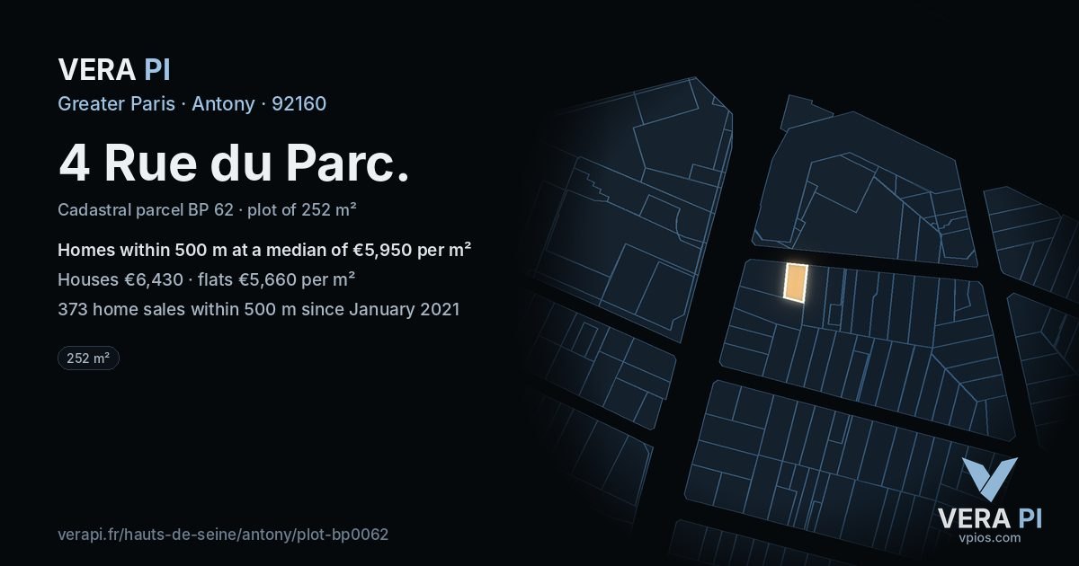 4 Rue du Parc, Antony at night – the plot lit, the parcels around coloured by the prices near them