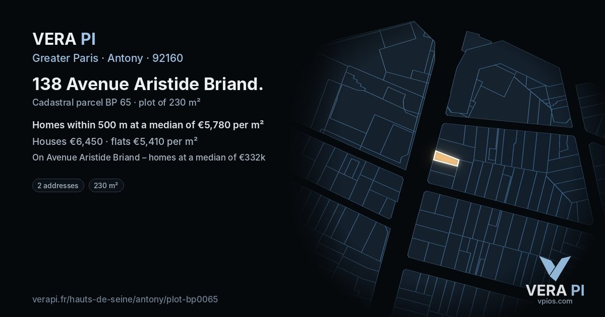 138 Avenue Aristide Briand, Antony at night – the plot lit, the parcels around coloured by the prices near them