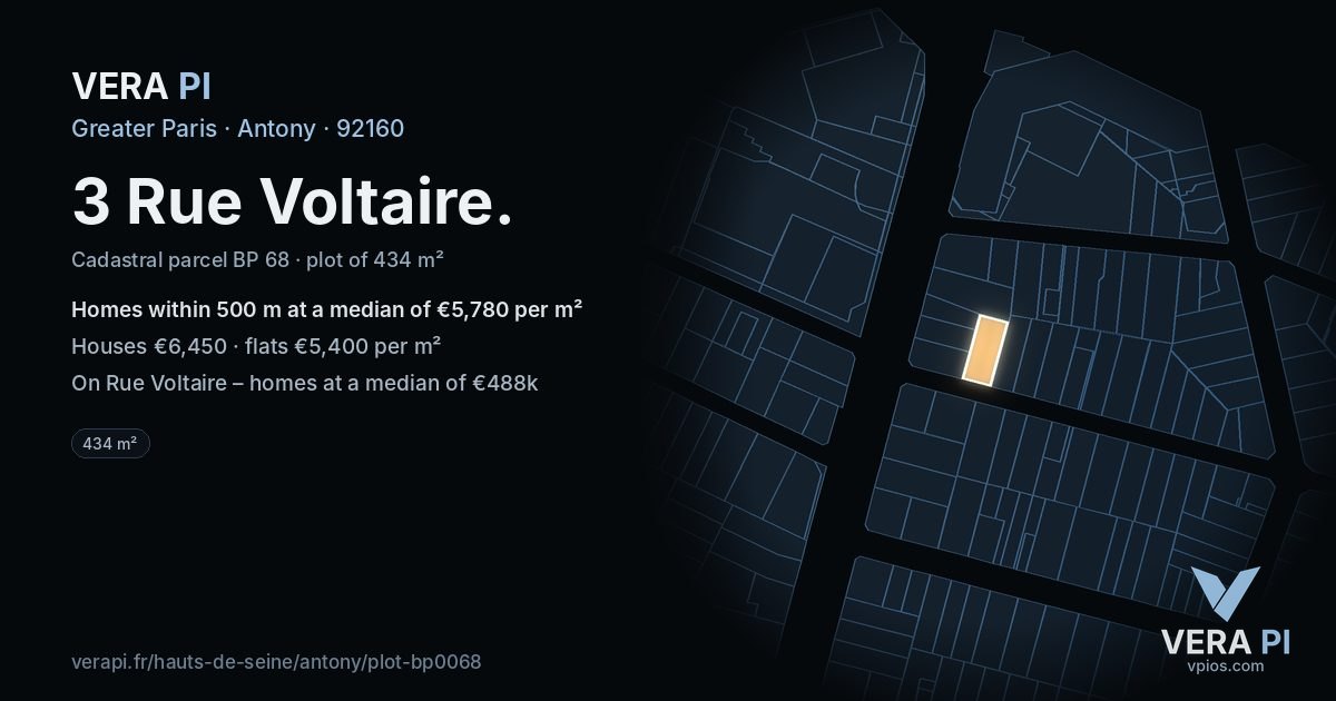 3 Rue Voltaire, Antony at night – the plot lit, the parcels around coloured by the prices near them