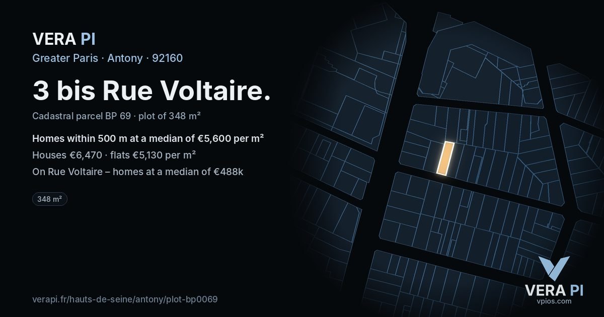 3 bis Rue Voltaire, Antony at night – the plot lit, the parcels around coloured by the prices near them