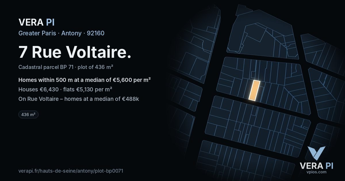 7 Rue Voltaire, Antony at night – the plot lit, the parcels around coloured by the prices near them