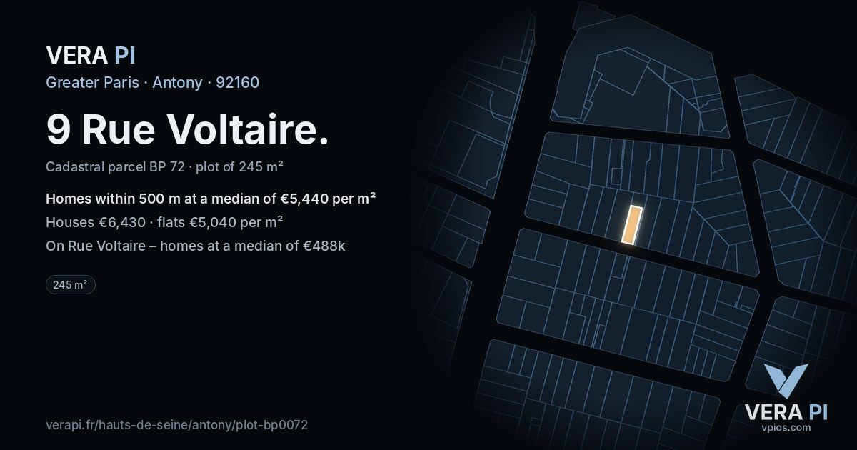 9 Rue Voltaire, Antony at night – the plot lit, the parcels around coloured by the prices near them