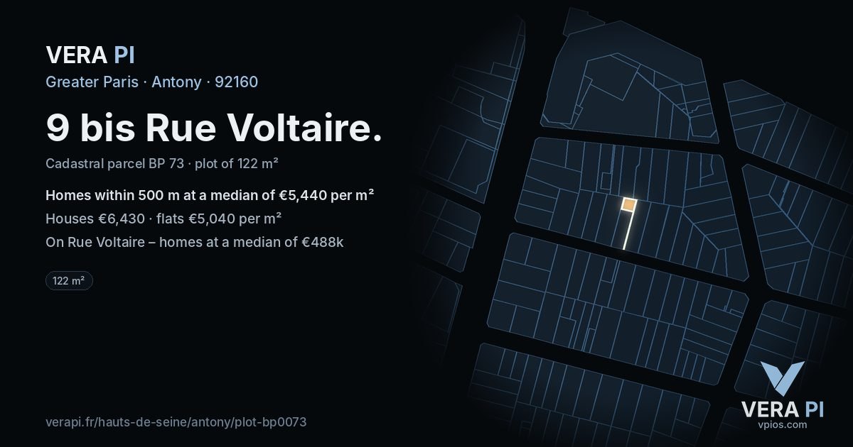 9 bis Rue Voltaire, Antony at night – the plot lit, the parcels around coloured by the prices near them
