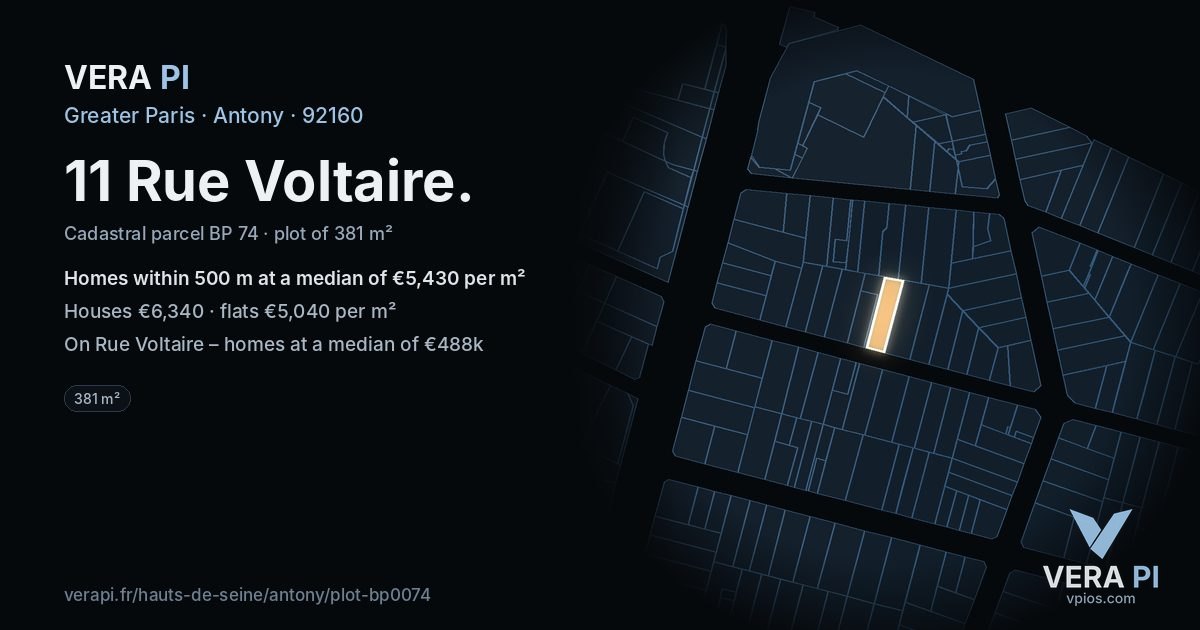 11 Rue Voltaire, Antony at night – the plot lit, the parcels around coloured by the prices near them