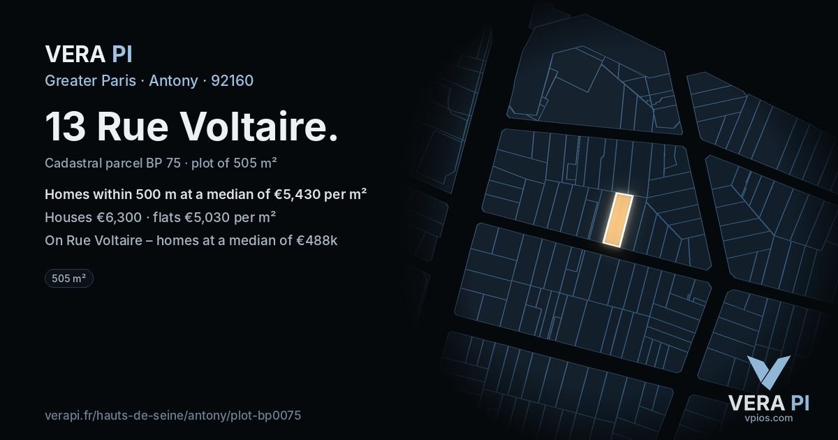13 Rue Voltaire, Antony at night – the plot lit, the parcels around coloured by the prices near them