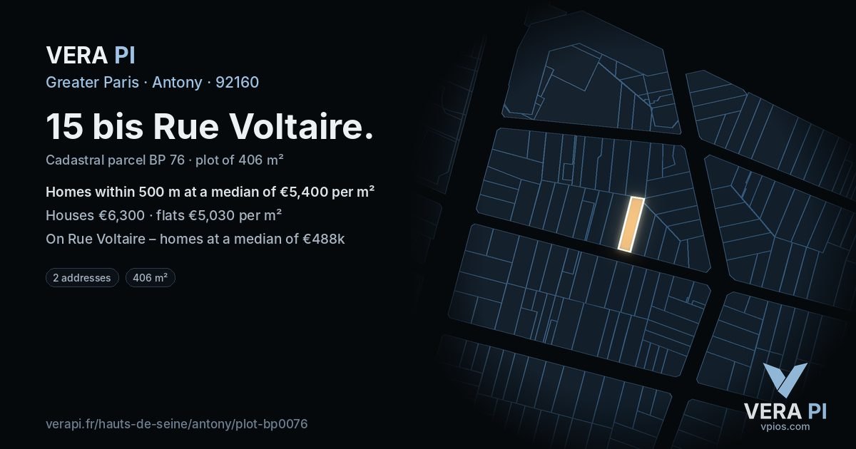 15 bis Rue Voltaire, Antony at night – the plot lit, the parcels around coloured by the prices near them