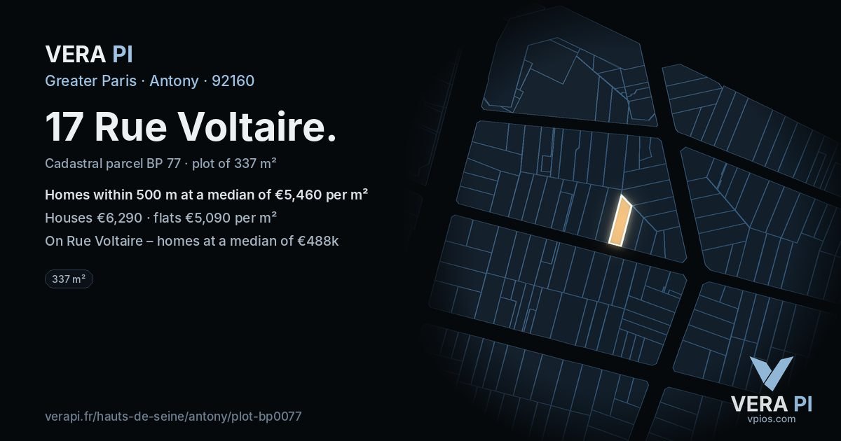 17 Rue Voltaire, Antony at night – the plot lit, the parcels around coloured by the prices near them