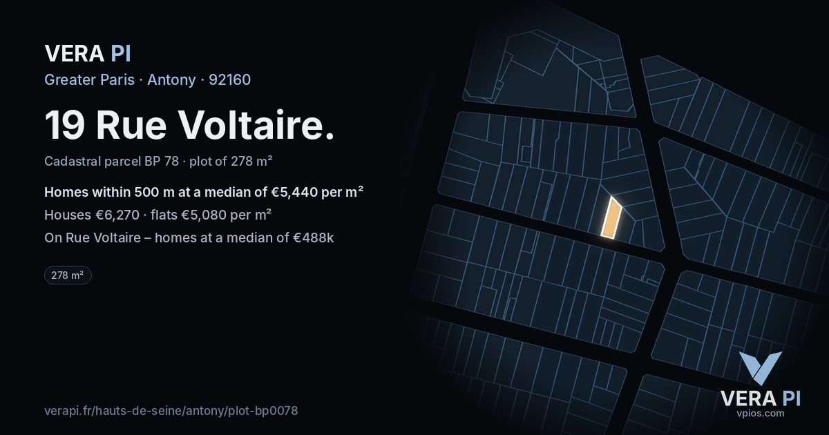 19 Rue Voltaire, Antony at night – the plot lit, the parcels around coloured by the prices near them