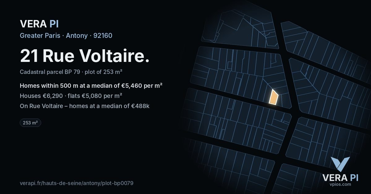 21 Rue Voltaire, Antony at night – the plot lit, the parcels around coloured by the prices near them