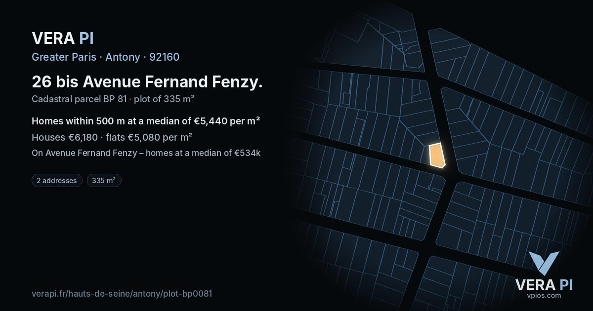26 bis Avenue Fernand Fenzy, Antony at night – the plot lit, the parcels around coloured by the prices near them
