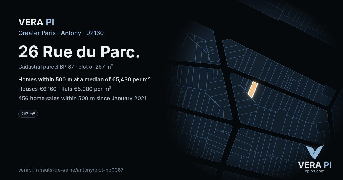 26 Rue du Parc, Antony at night – the plot lit, the parcels around coloured by the prices near them