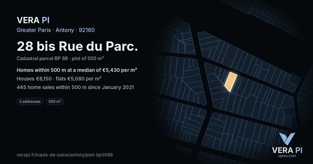 28 bis Rue du Parc, Antony at night – the plot lit, the parcels around coloured by the prices near them