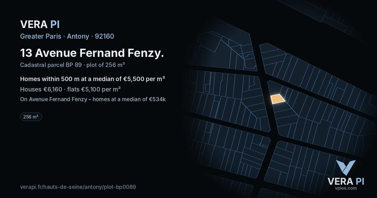 13 Avenue Fernand Fenzy, Antony at night – the plot lit, the parcels around coloured by the prices near them