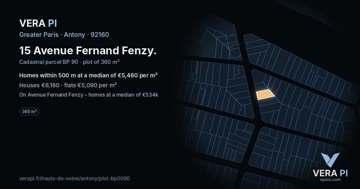 15 Avenue Fernand Fenzy, Antony at night – the plot lit, the parcels around coloured by the prices near them