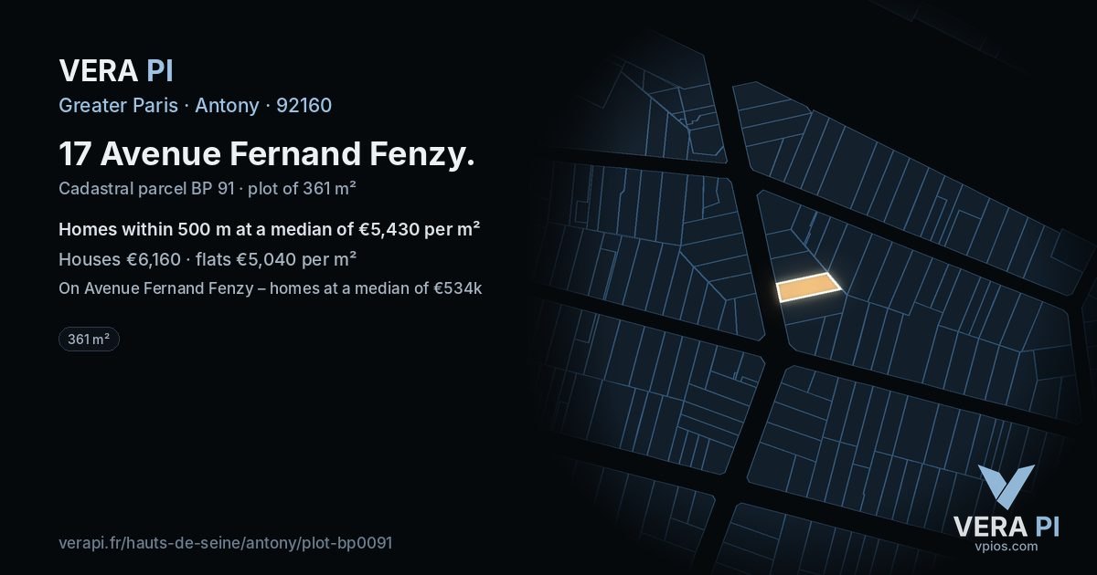 17 Avenue Fernand Fenzy, Antony at night – the plot lit, the parcels around coloured by the prices near them