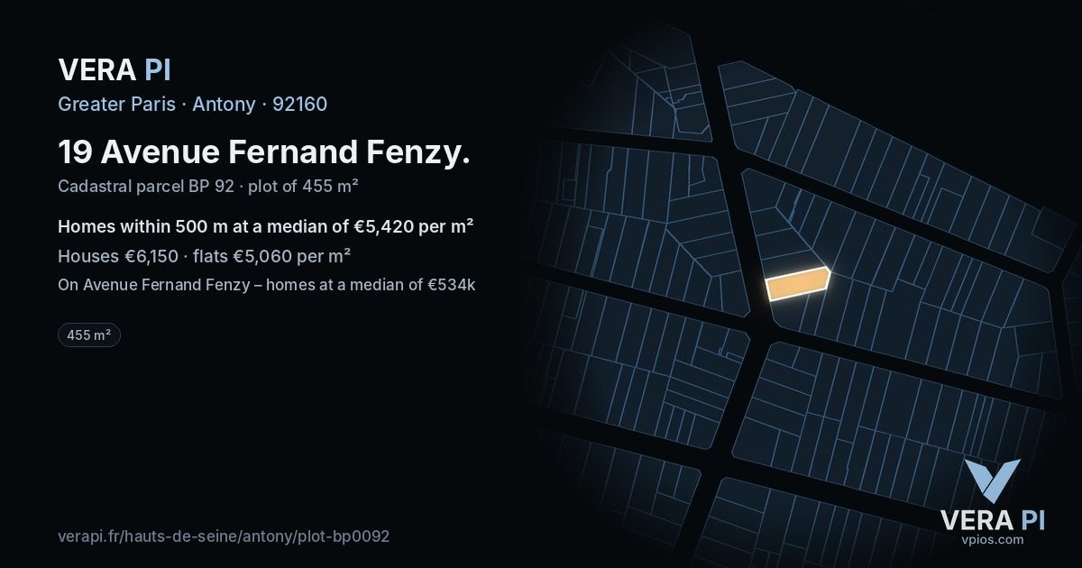 19 Avenue Fernand Fenzy, Antony at night – the plot lit, the parcels around coloured by the prices near them