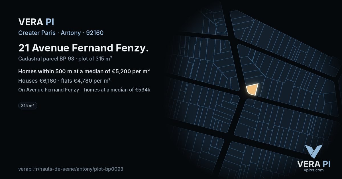 21 Avenue Fernand Fenzy, Antony at night – the plot lit, the parcels around coloured by the prices near them