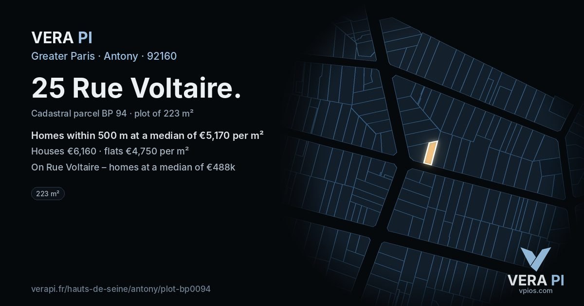 25 Rue Voltaire, Antony at night – the plot lit, the parcels around coloured by the prices near them