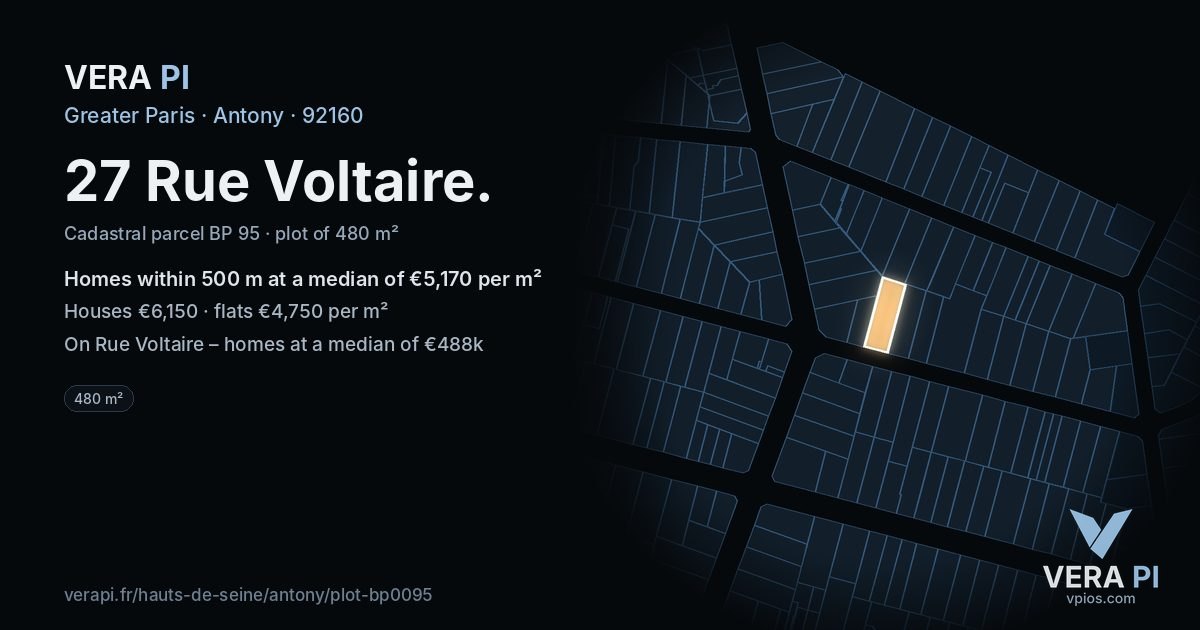 27 Rue Voltaire, Antony at night – the plot lit, the parcels around coloured by the prices near them