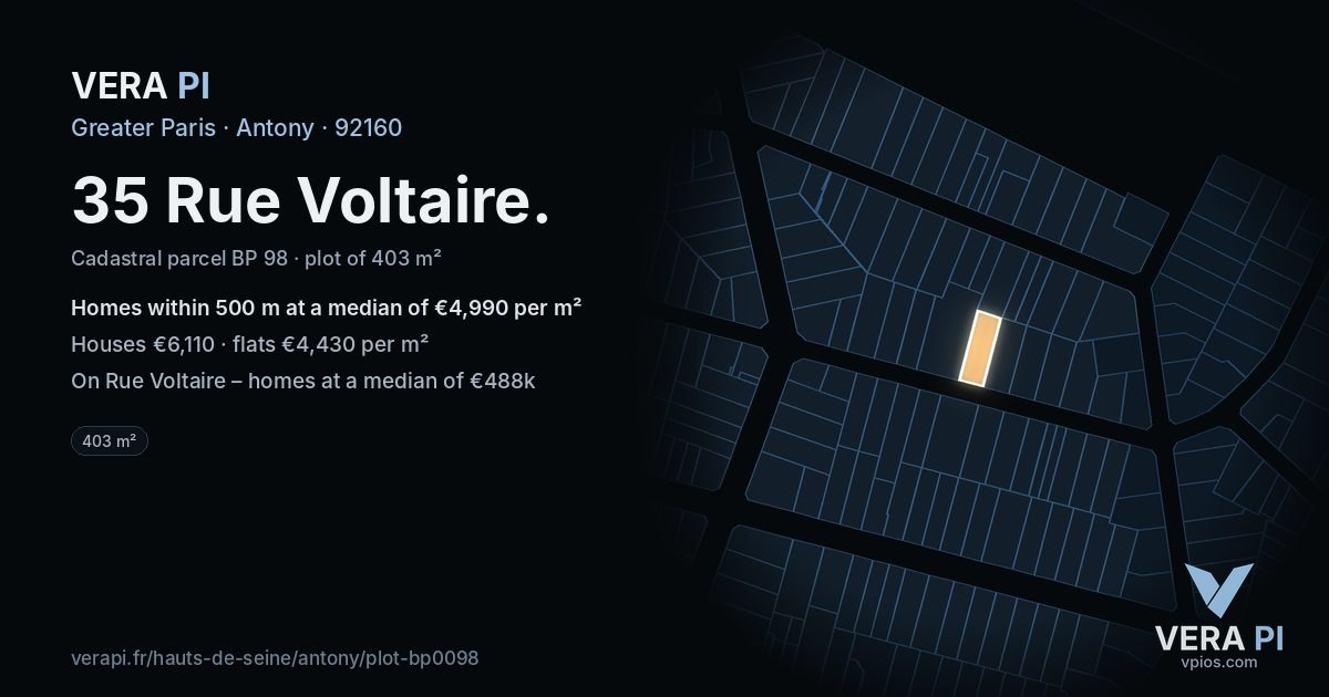 35 Rue Voltaire, Antony at night – the plot lit, the parcels around coloured by the prices near them
