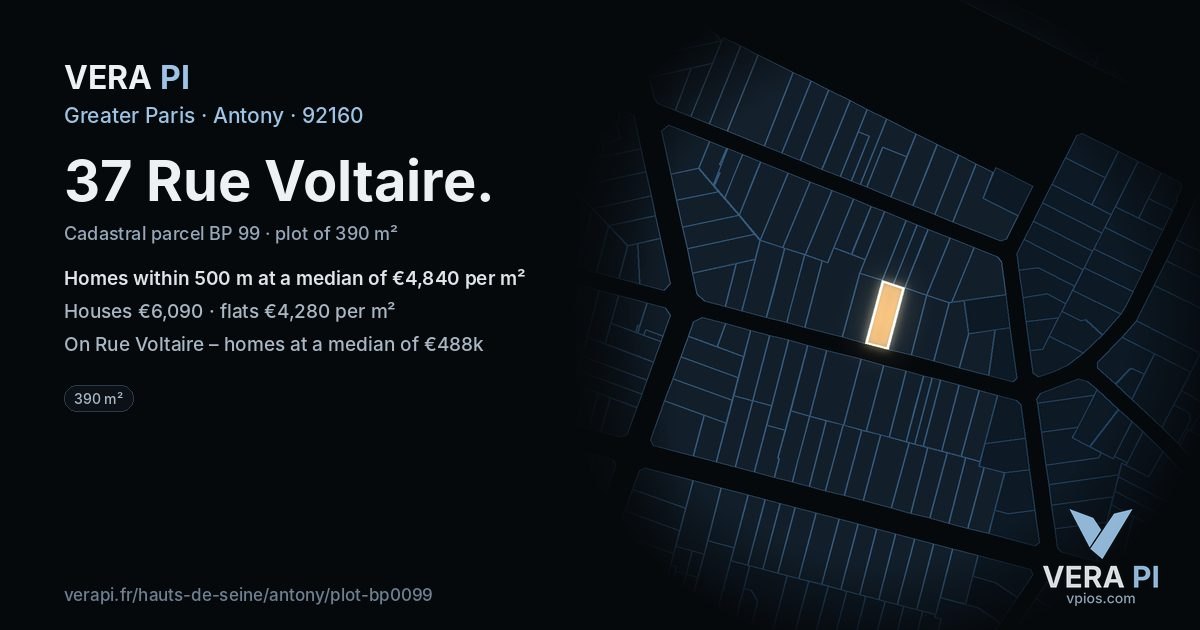 37 Rue Voltaire, Antony at night – the plot lit, the parcels around coloured by the prices near them