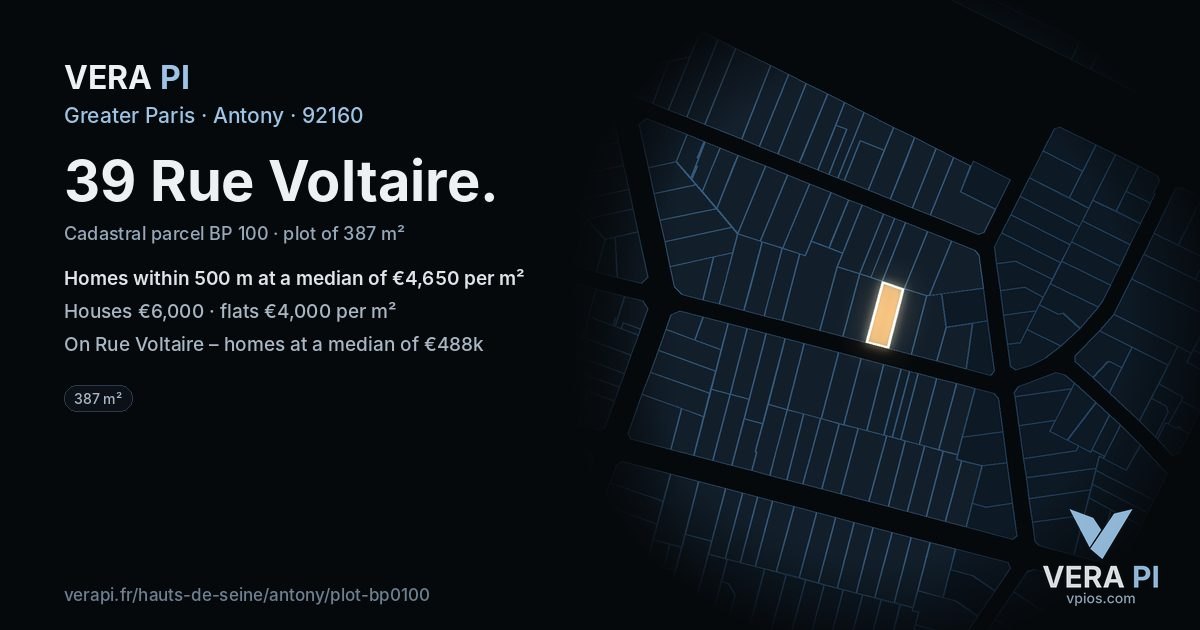39 Rue Voltaire, Antony at night – the plot lit, the parcels around coloured by the prices near them