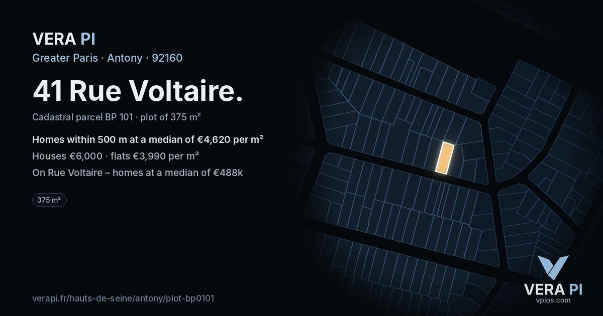 41 Rue Voltaire, Antony at night – the plot lit, the parcels around coloured by the prices near them
