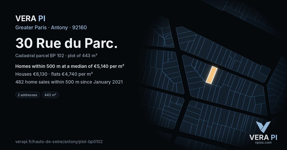 30 Rue du Parc, Antony at night – the plot lit, the parcels around coloured by the prices near them
