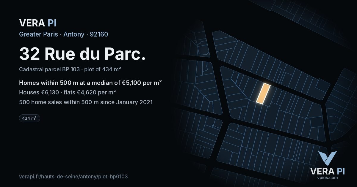 32 Rue du Parc, Antony at night – the plot lit, the parcels around coloured by the prices near them