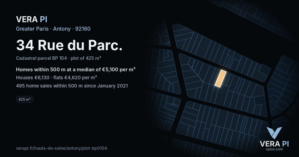 34 Rue du Parc, Antony at night – the plot lit, the parcels around coloured by the prices near them