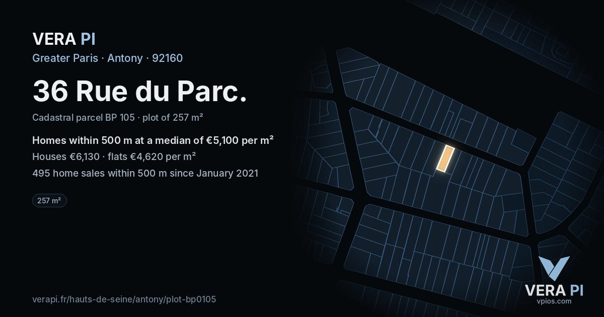 36 Rue du Parc, Antony at night – the plot lit, the parcels around coloured by the prices near them