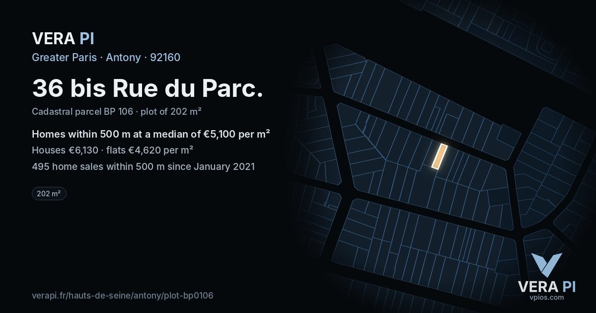 36 bis Rue du Parc, Antony at night – the plot lit, the parcels around coloured by the prices near them