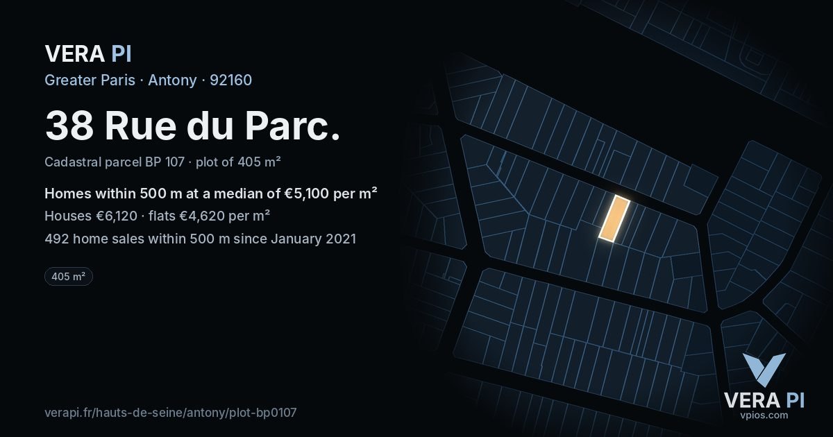 38 Rue du Parc, Antony at night – the plot lit, the parcels around coloured by the prices near them