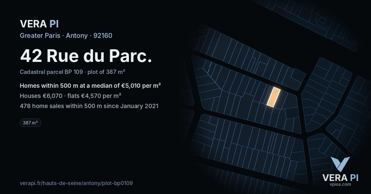 42 Rue du Parc, Antony at night – the plot lit, the parcels around coloured by the prices near them