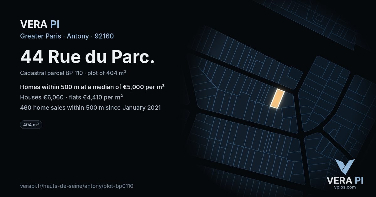 44 Rue du Parc, Antony at night – the plot lit, the parcels around coloured by the prices near them