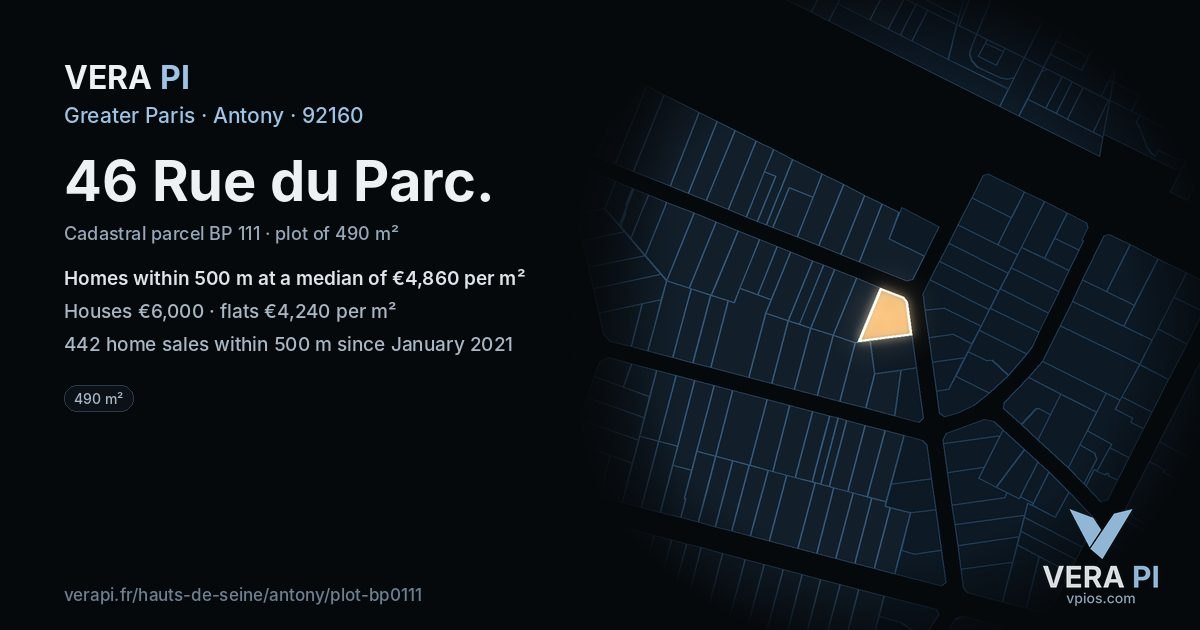 46 Rue du Parc, Antony at night – the plot lit, the parcels around coloured by the prices near them