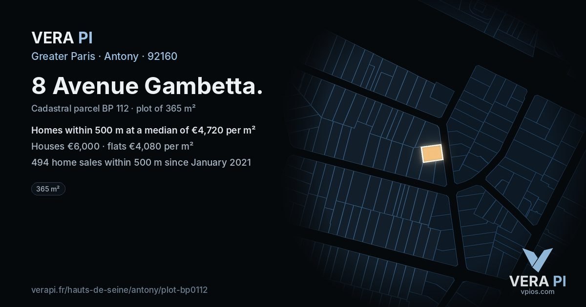 8 Avenue Gambetta, Antony at night – the plot lit, the parcels around coloured by the prices near them