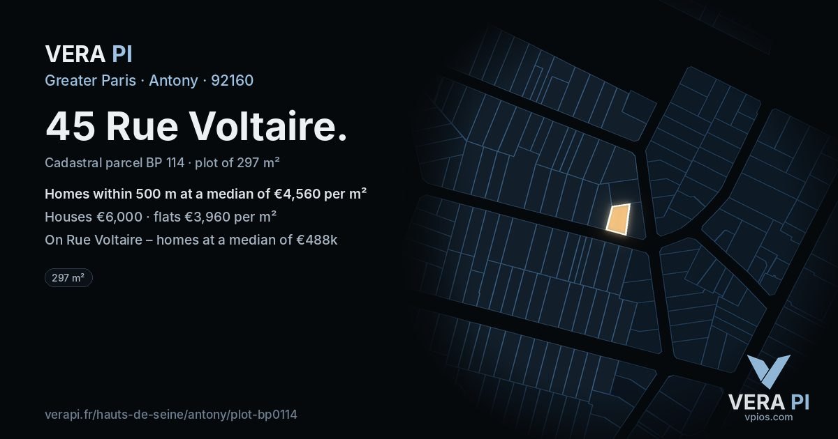 45 Rue Voltaire, Antony at night – the plot lit, the parcels around coloured by the prices near them
