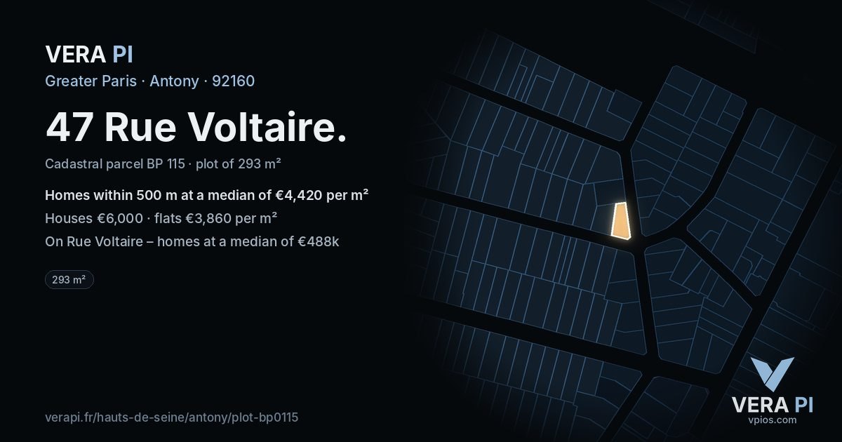 47 Rue Voltaire, Antony at night – the plot lit, the parcels around coloured by the prices near them