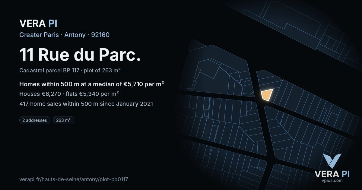 11 Rue du Parc, Antony at night – the plot lit, the parcels around coloured by the prices near them
