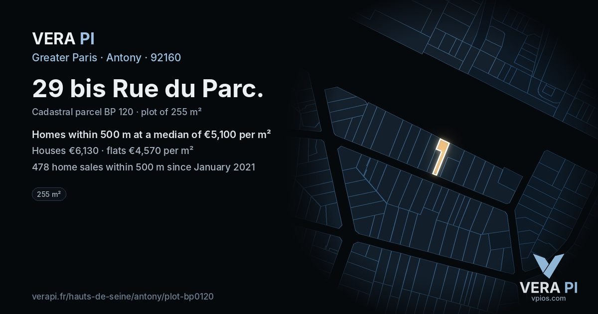 29 bis Rue du Parc, Antony at night – the plot lit, the parcels around coloured by the prices near them