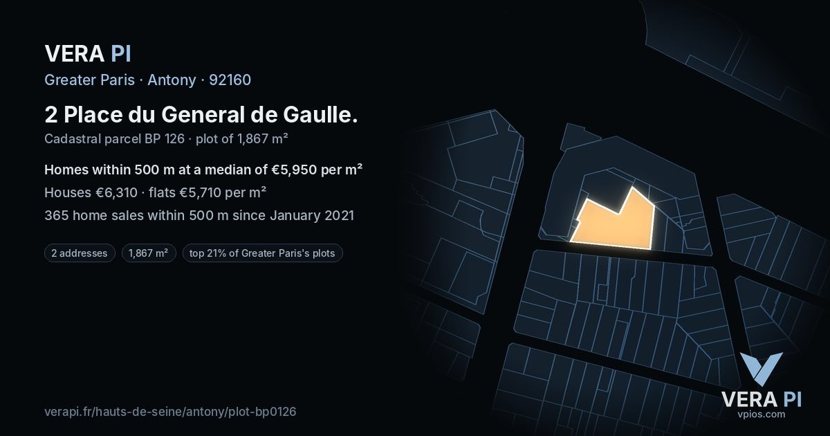 2 Place du General de Gaulle, Antony at night – the plot lit, the parcels around coloured by the prices near them
