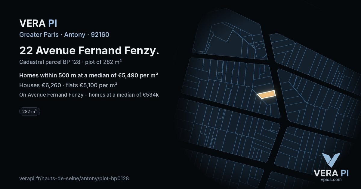 22 Avenue Fernand Fenzy, Antony at night – the plot lit, the parcels around coloured by the prices near them