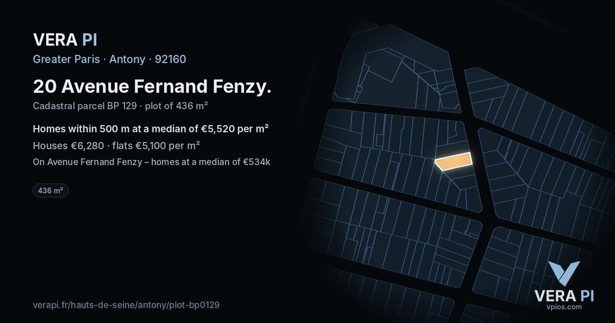 20 Avenue Fernand Fenzy, Antony at night – the plot lit, the parcels around coloured by the prices near them