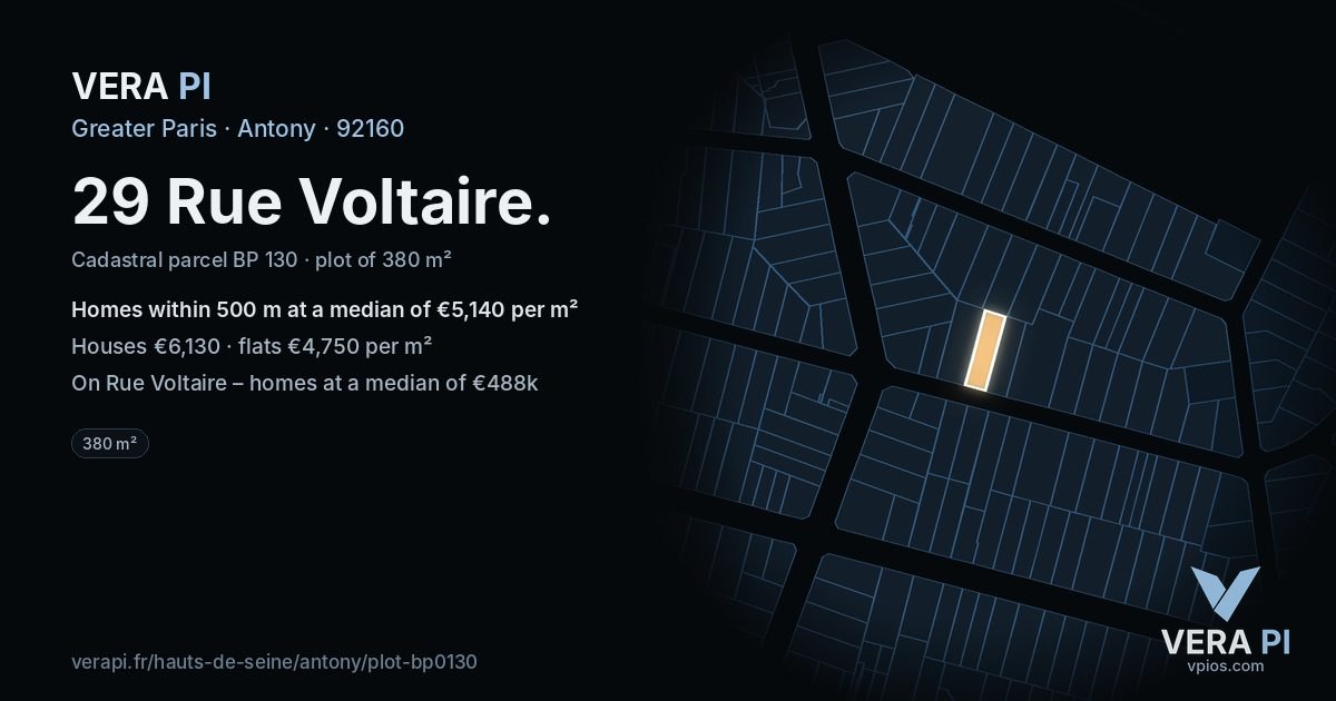 29 Rue Voltaire, Antony at night – the plot lit, the parcels around coloured by the prices near them