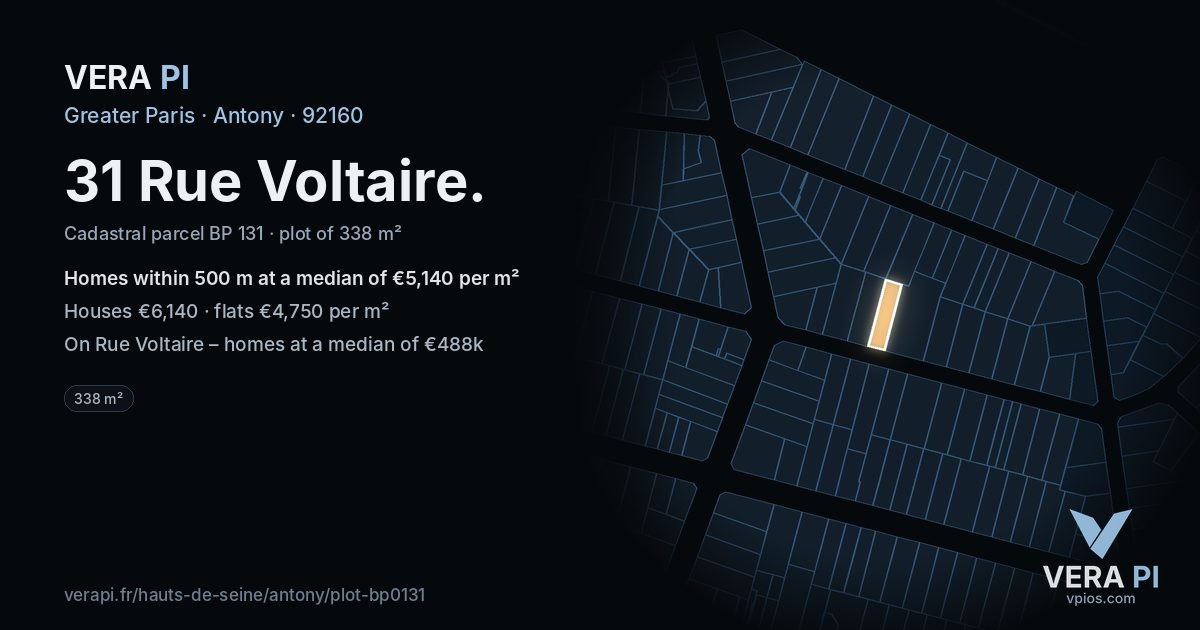31 Rue Voltaire, Antony at night – the plot lit, the parcels around coloured by the prices near them