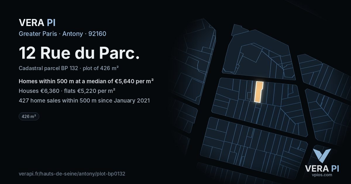 12 Rue du Parc, Antony at night – the plot lit, the parcels around coloured by the prices near them