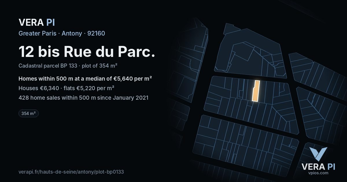 12 bis Rue du Parc, Antony at night – the plot lit, the parcels around coloured by the prices near them